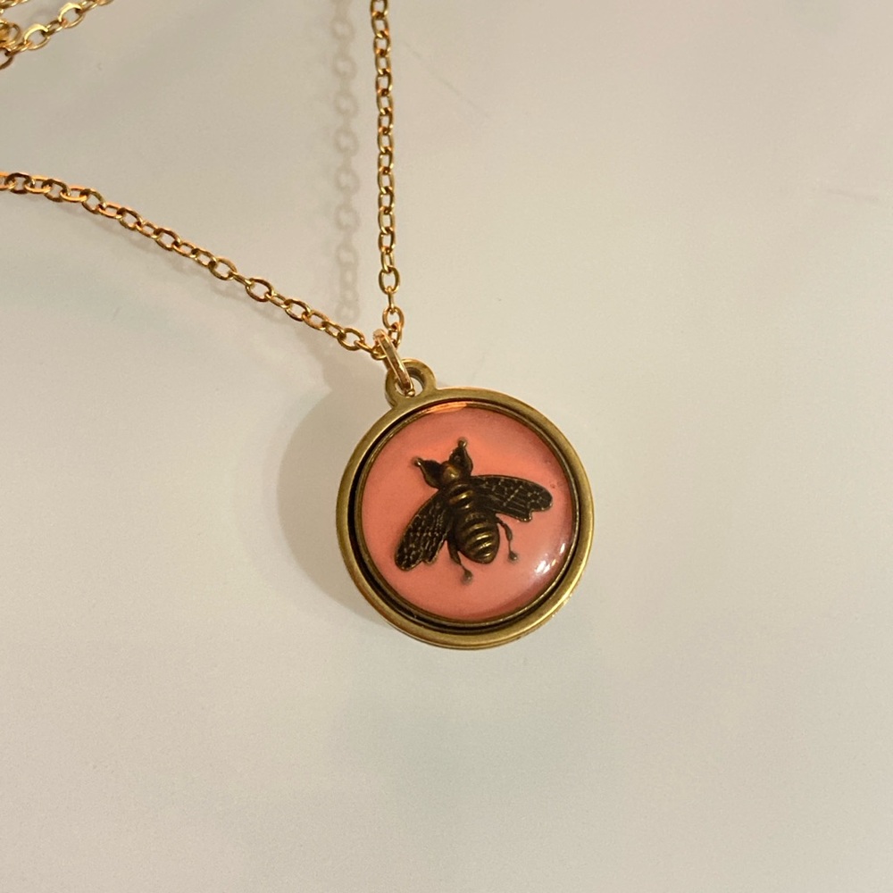 Vintage Gucci Pink Bee Button Necklace Upcycled